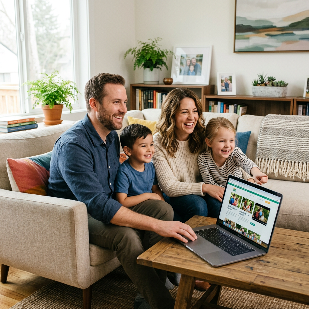 Happy family using internet at home