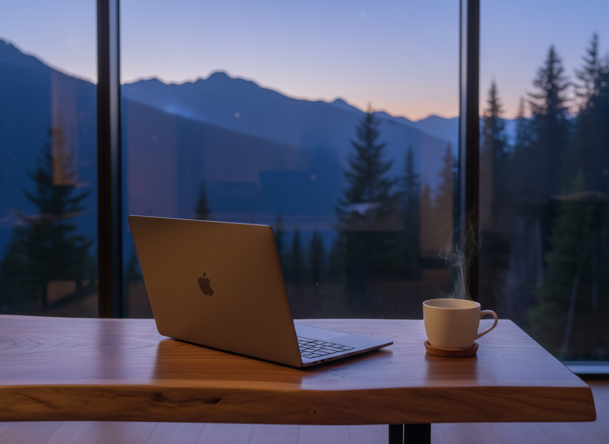 Modern laptop on wooden table with nature view