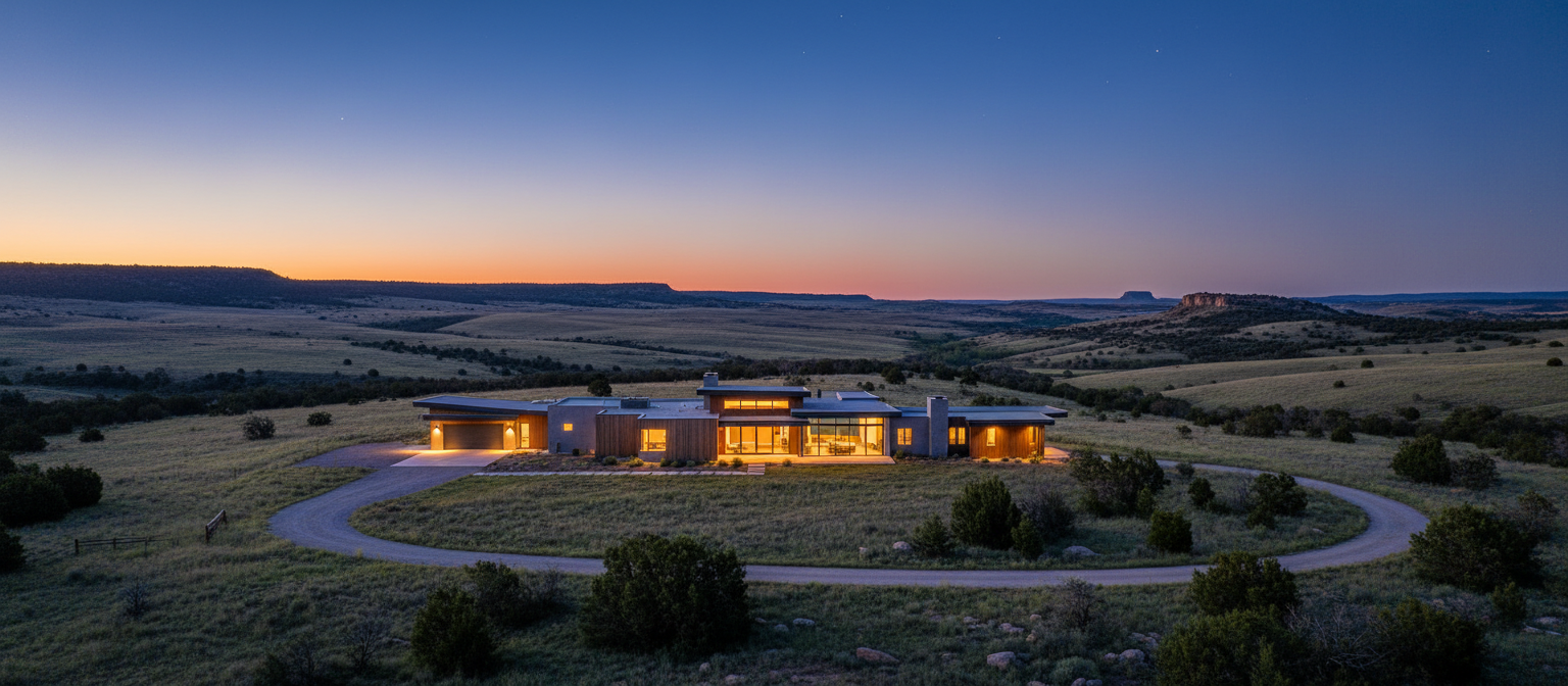 Modern home in rural American landscape at blue hour