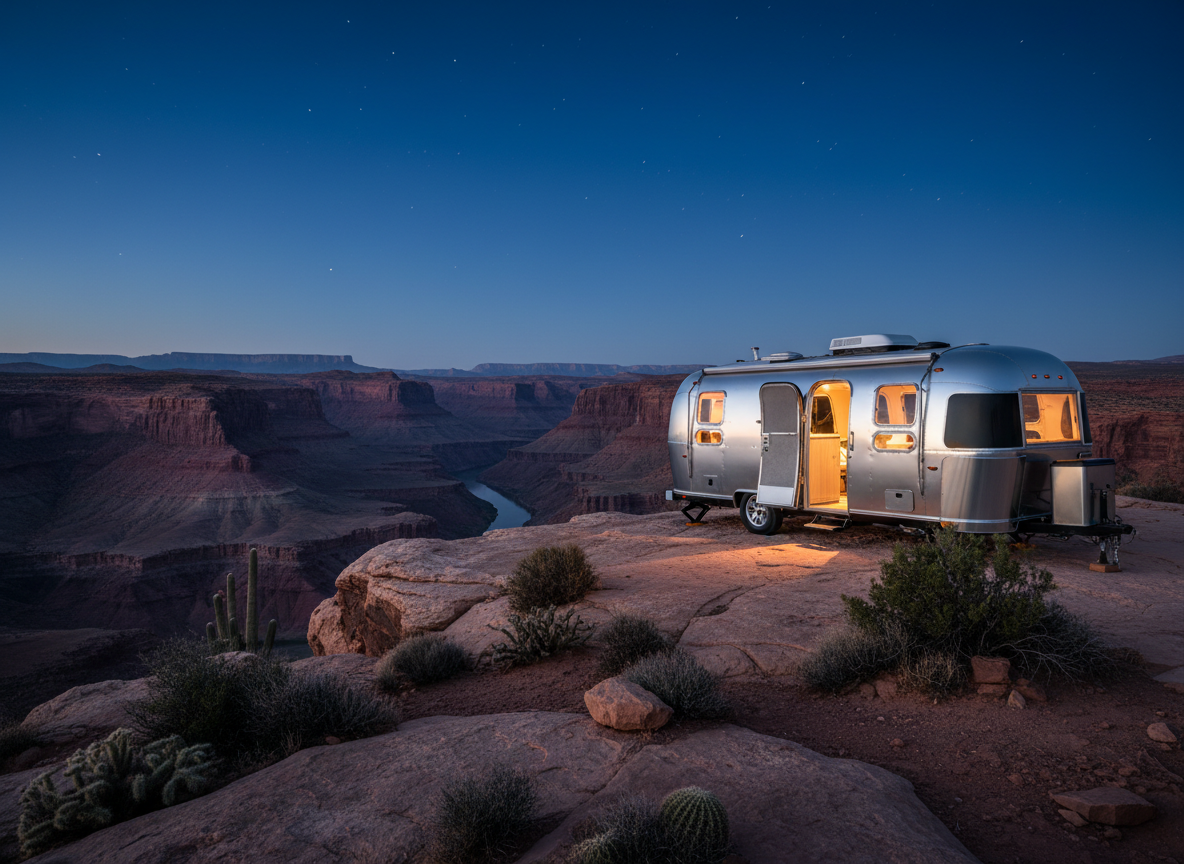 Modern RV parked at canyon overlook at twilight