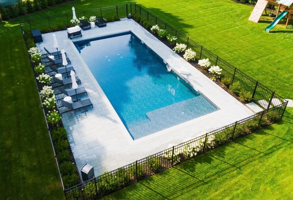 Aerial view of pool with hydrangeas