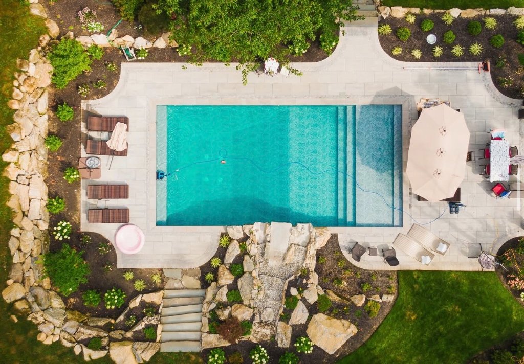 Aerial pool with rock landscaping
