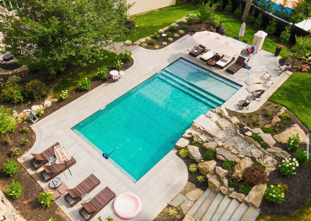 Aerial pool with stone steps
