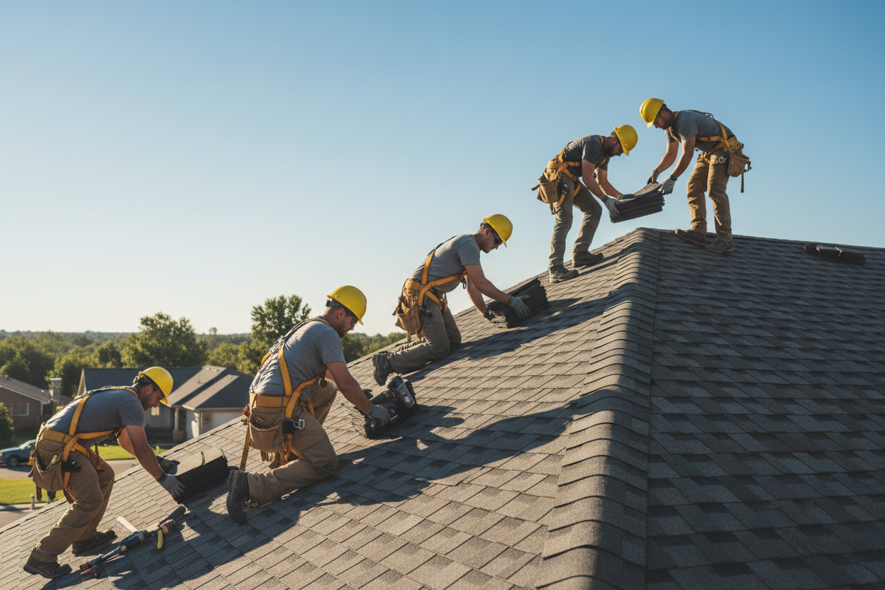 Roofing crew installing shingles on a residential roof