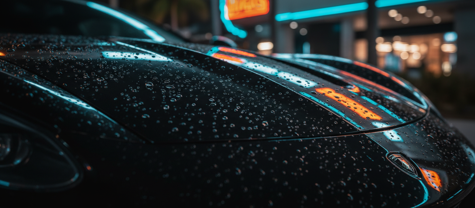 Ceramic coated supercar reflecting neon lights