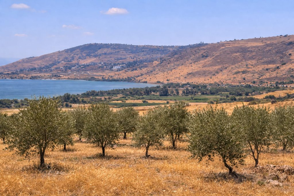 Sunrise over the Sea of Galilee with silver-green olive branches in the foreground