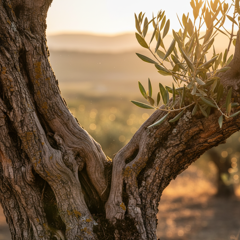 Ancient gnarled olive tree trunk with silver-green leaves catching golden sunlight
