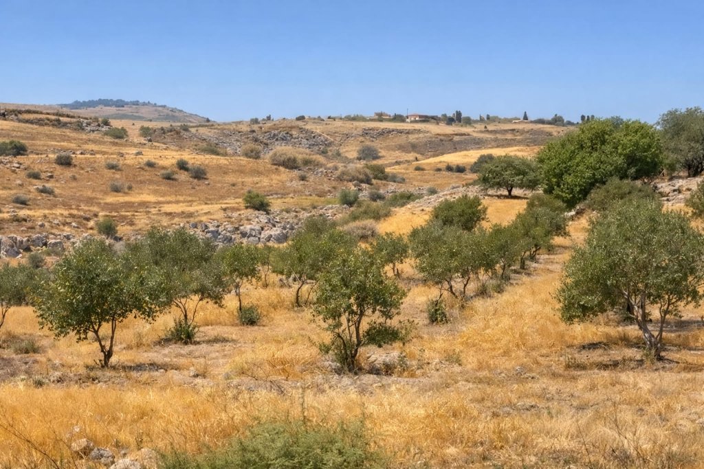 Aerial view of terraced olive grove in the Galilee hills at golden hour