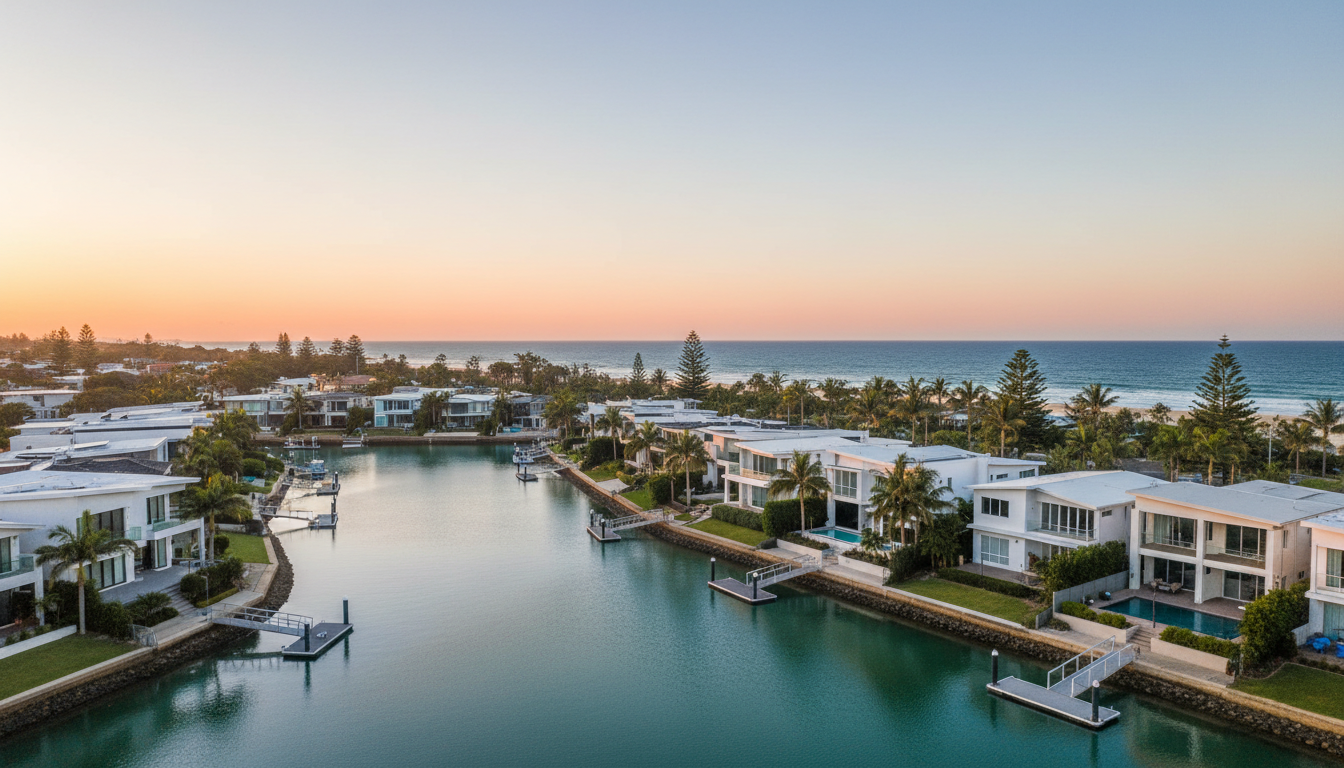 Gold Coast waterfront luxury homes at golden hour