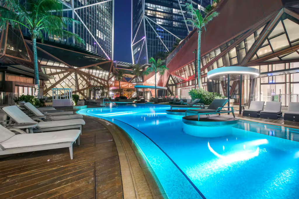 Jewel resort pool lit up at night