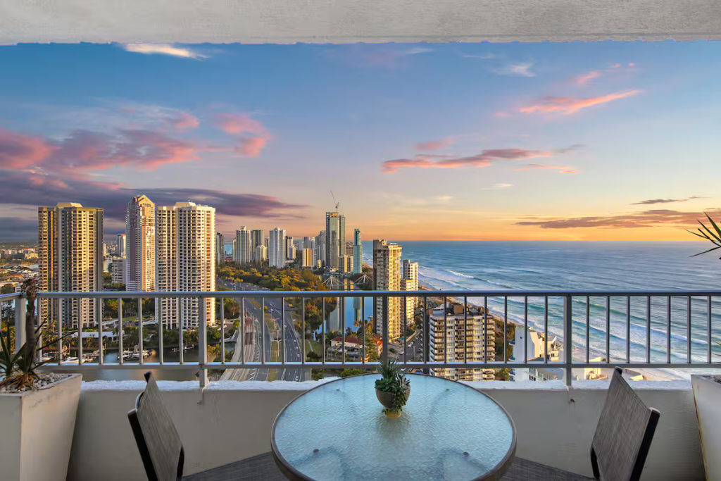 Sunset balcony with panoramic ocean and city views