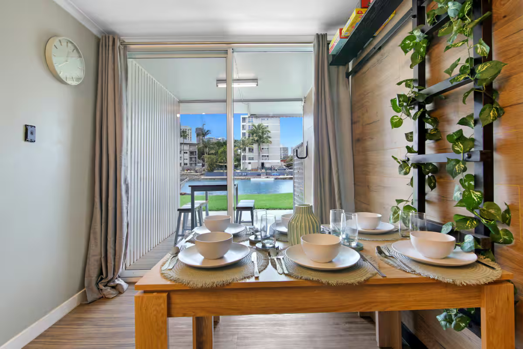 Dining area with canal views