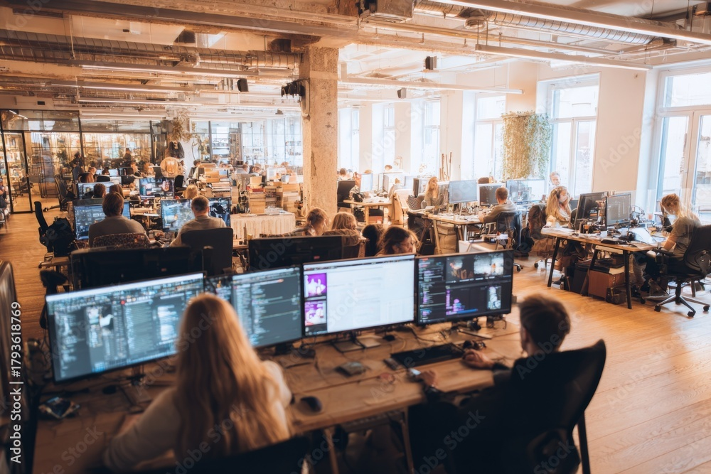 Modern tech team working in collaborative office environment