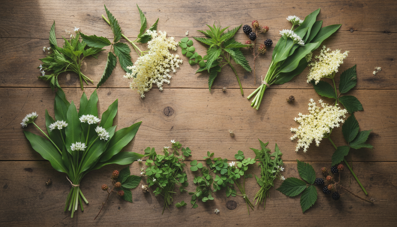 Freshly foraged wild plants and herbs on a rustic table
