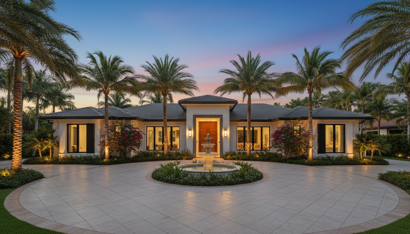 Contemporary luxury Florida home exterior at dusk