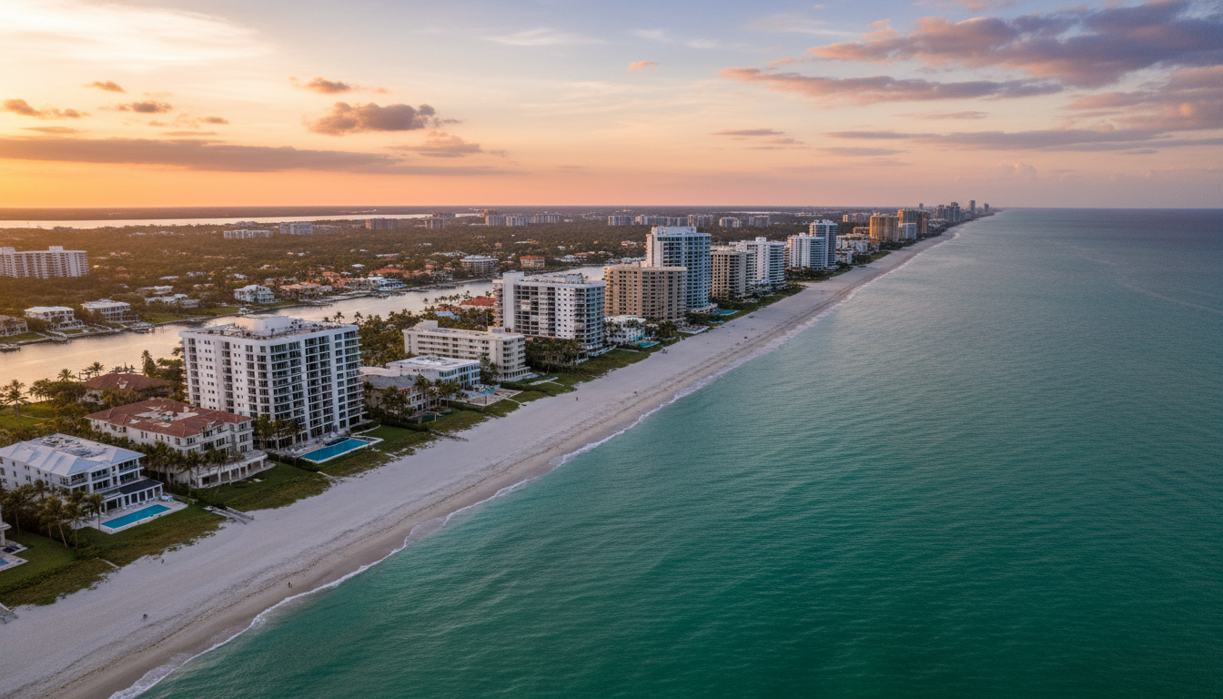 Aerial view of South Florida coastline at sunset