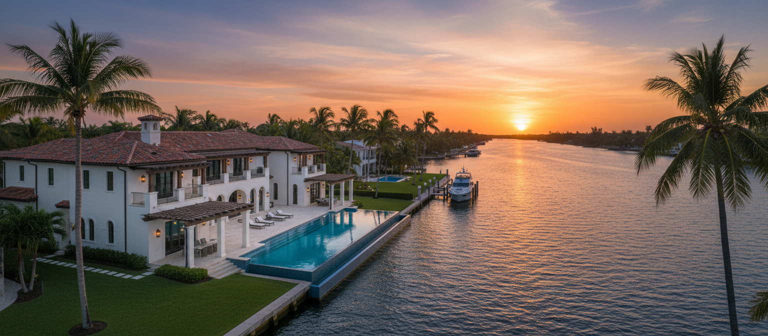 Luxury waterfront estate in South Florida at golden hour sunset