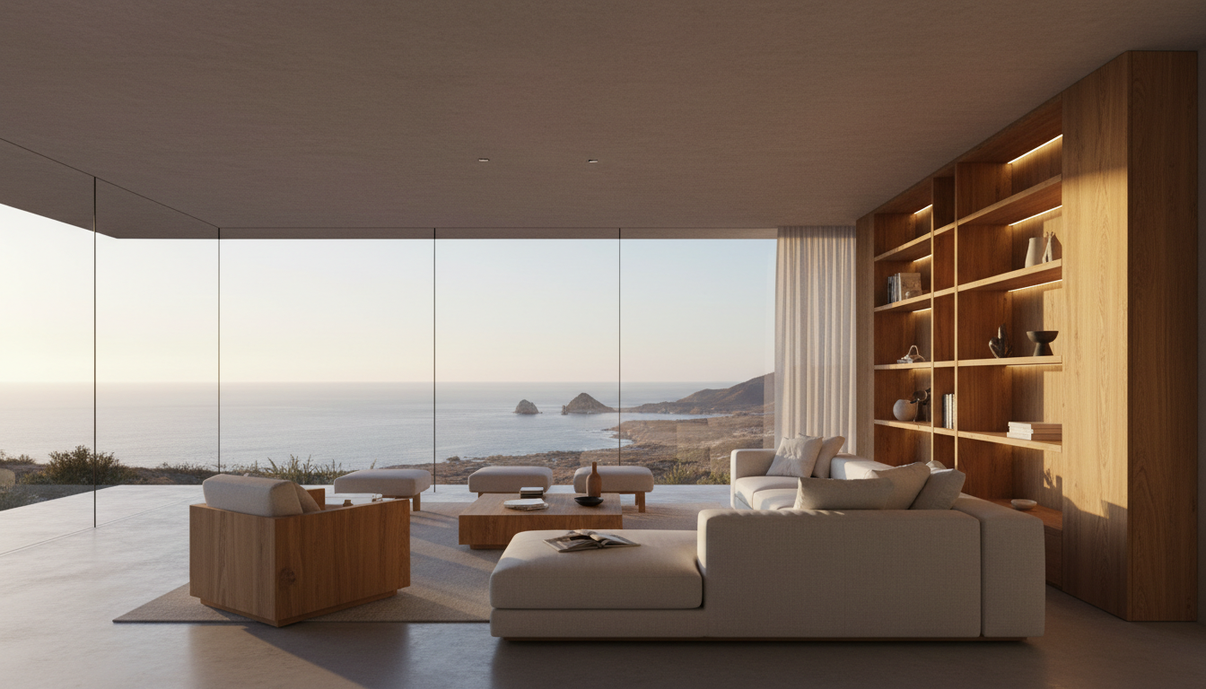 Photorealistic 3D render of a luxury villa interior with custom furniture and coastal views