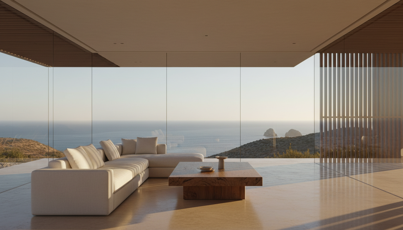Minimalist white linen sectional sofa in a luxury Cabo San Lucas villa bathed in warm golden hour light