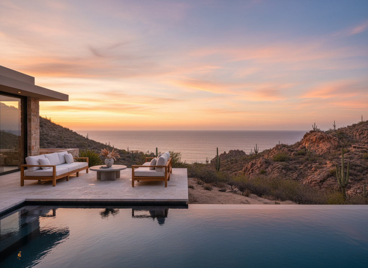 Luxury outdoor teak furniture on a Cabo San Lucas villa terrace overlooking the Sea of Cortez