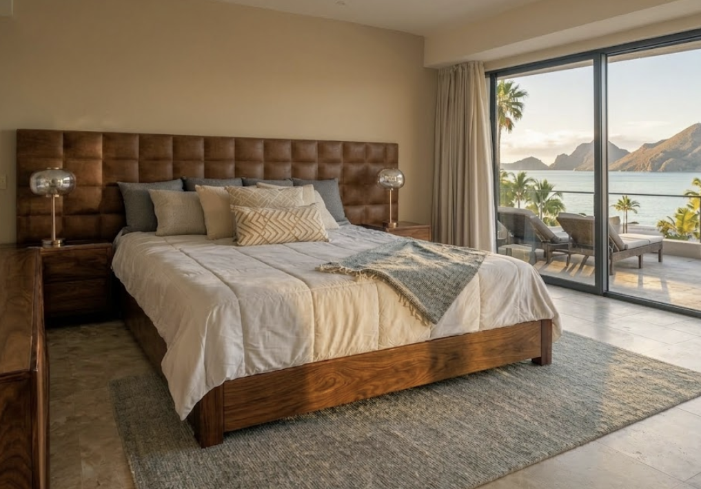 Luxury custom bedroom with upholstered headboard and solid wood furniture
