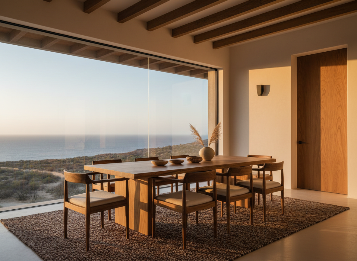 Solid Parota wood dining table with chairs in a luxury Mexican villa with ocean view