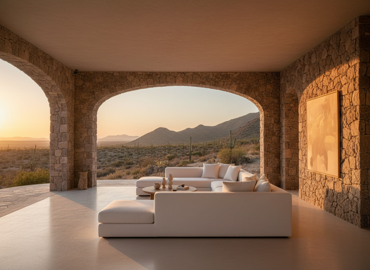 Luxury white linen L-shaped sectional sofa in a minimalist Baja California villa with desert views