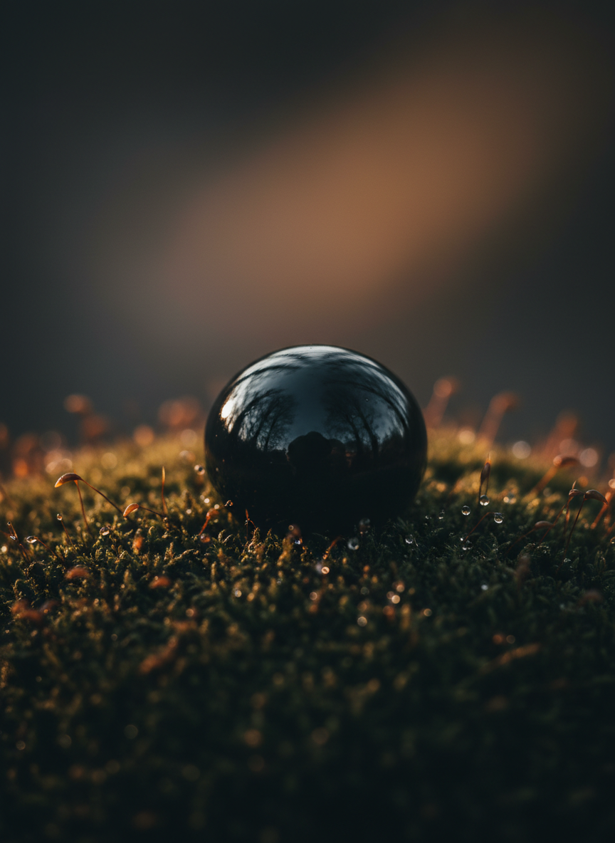 Smooth dark stone resting on deep moss, meditative macro photography