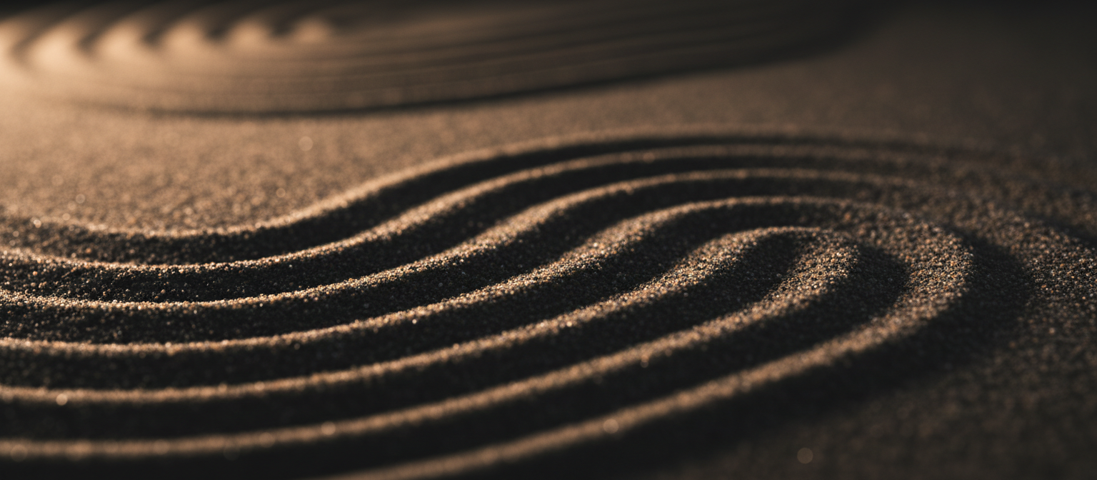Zen sand garden with precise geometric rake patterns, meditative atmosphere