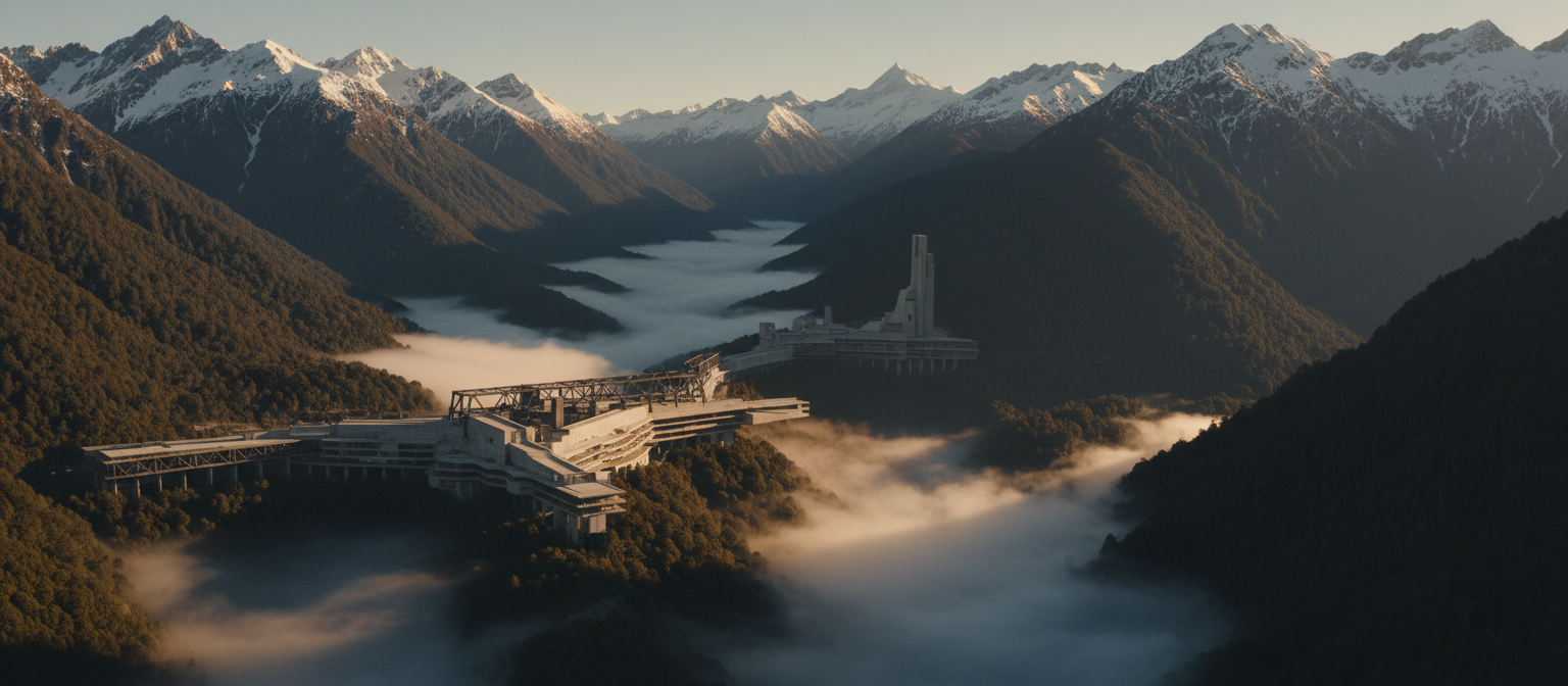 New Zealand landscape with modern architecture