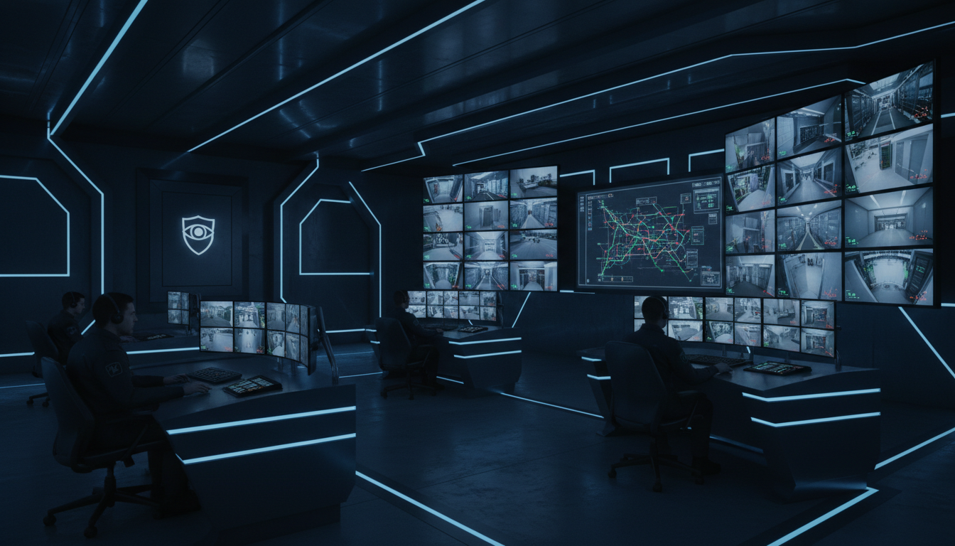 Security operations center with surveillance monitors