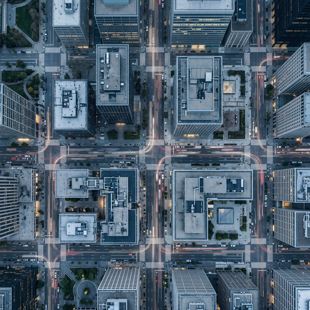 Aerial view of commuting patterns near office district