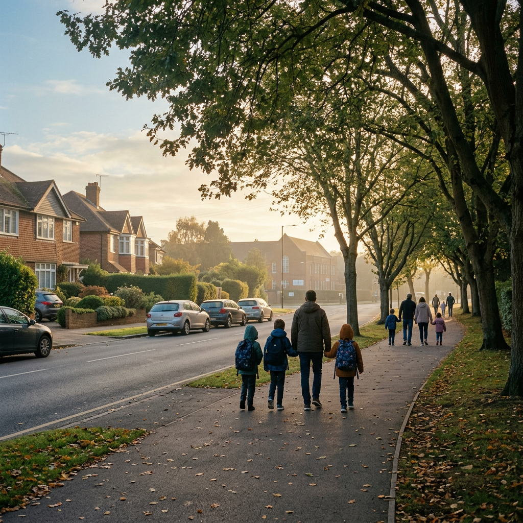 Children and parents walking to school along a tree-lined street