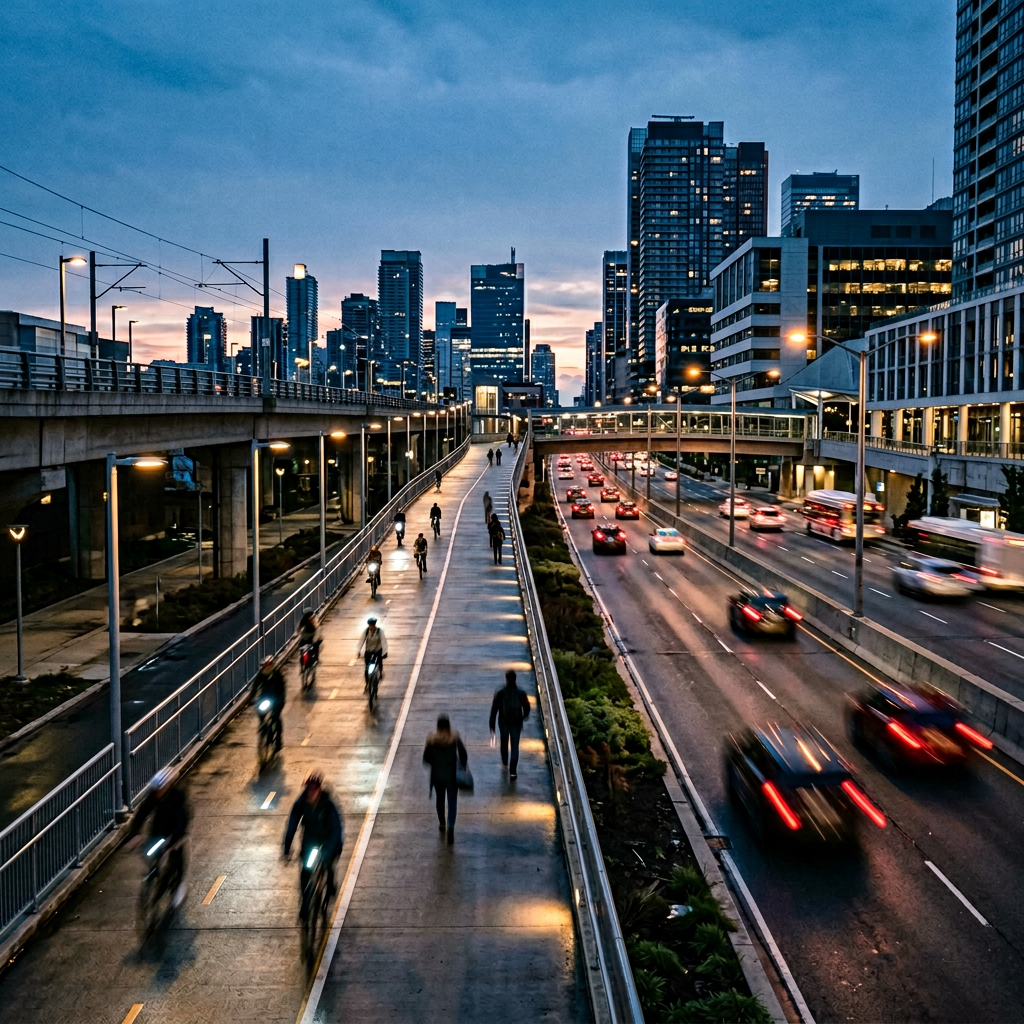 Urban commuting corridor at dawn