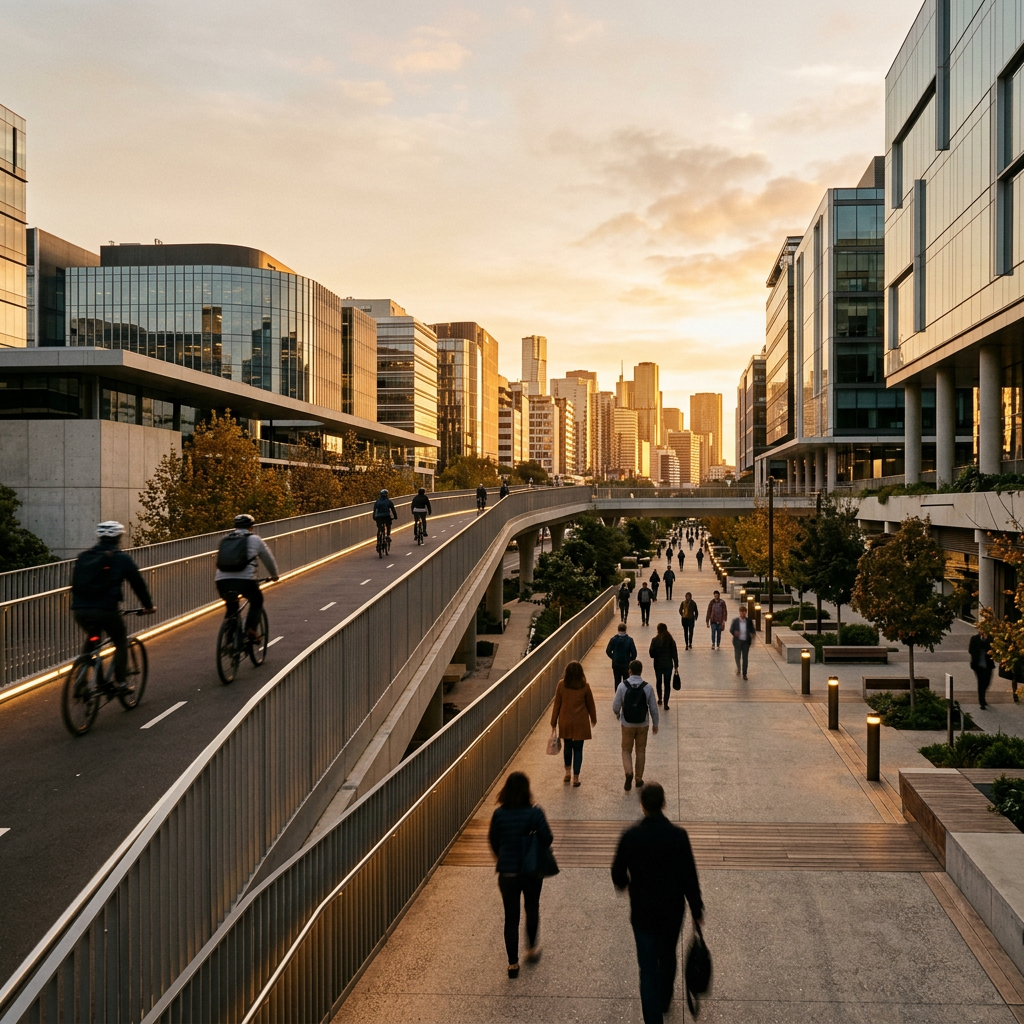 Urban commuting corridor at golden hour
