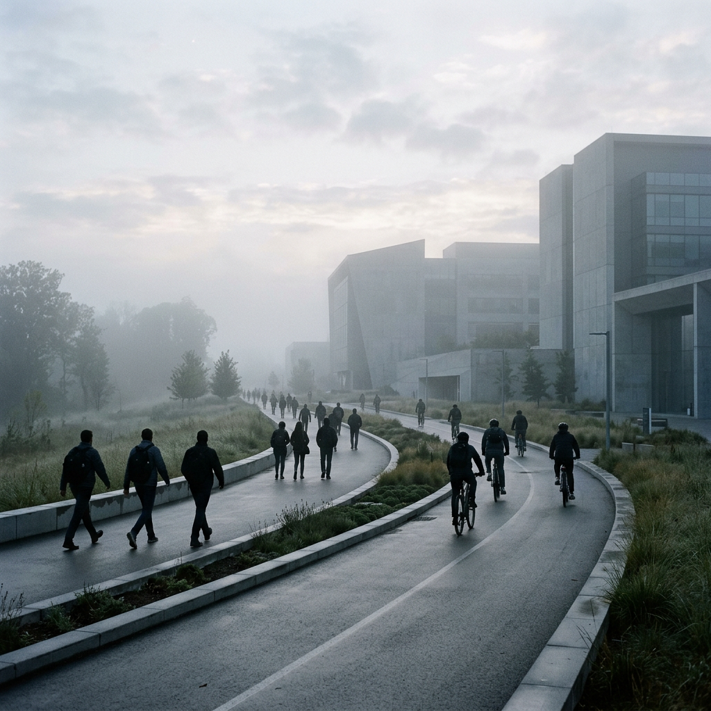 Workplace commuting corridor with employees arriving