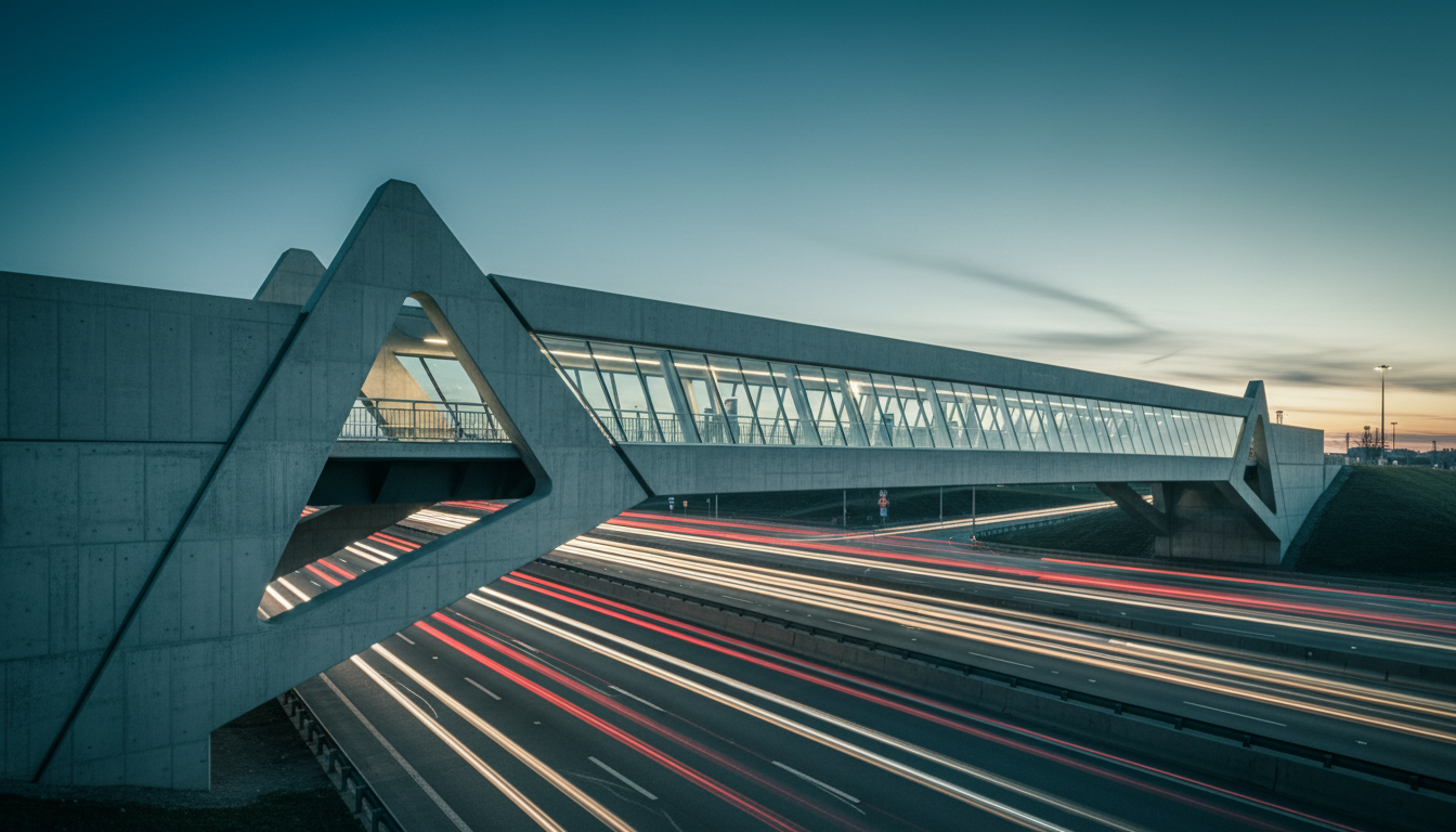 Modern pedestrian bridge over urban highway at dusk