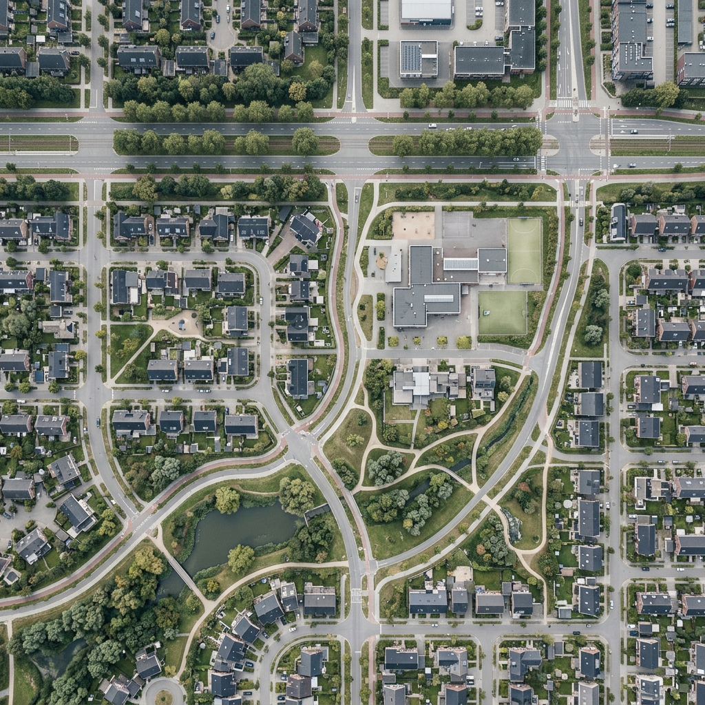 Aerial view of neighbourhood commuting paths