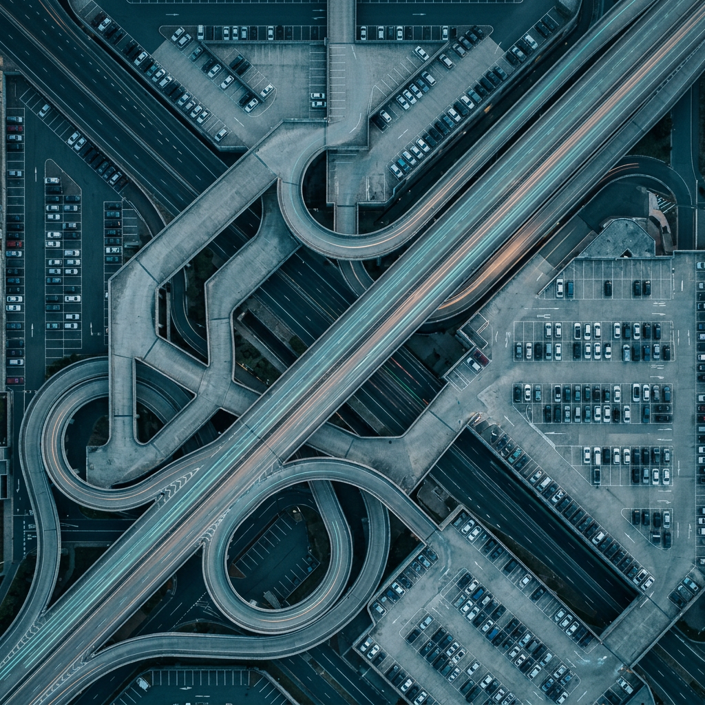 Aerial view of corporate campus transport patterns