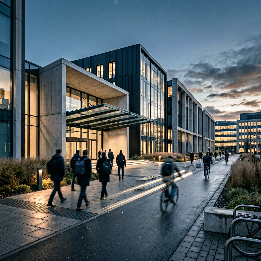 Corporate campus at dawn with employees arriving