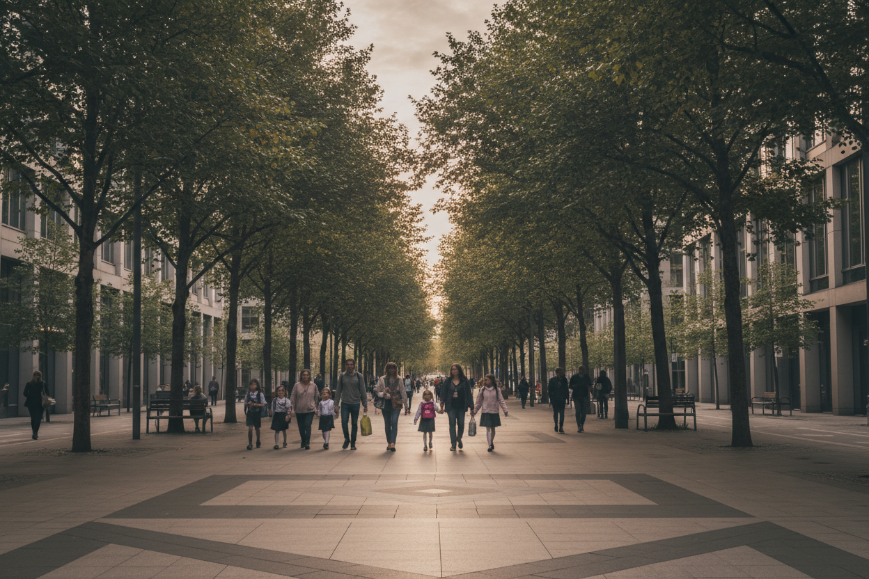 Families commuting along a tree-lined corridor