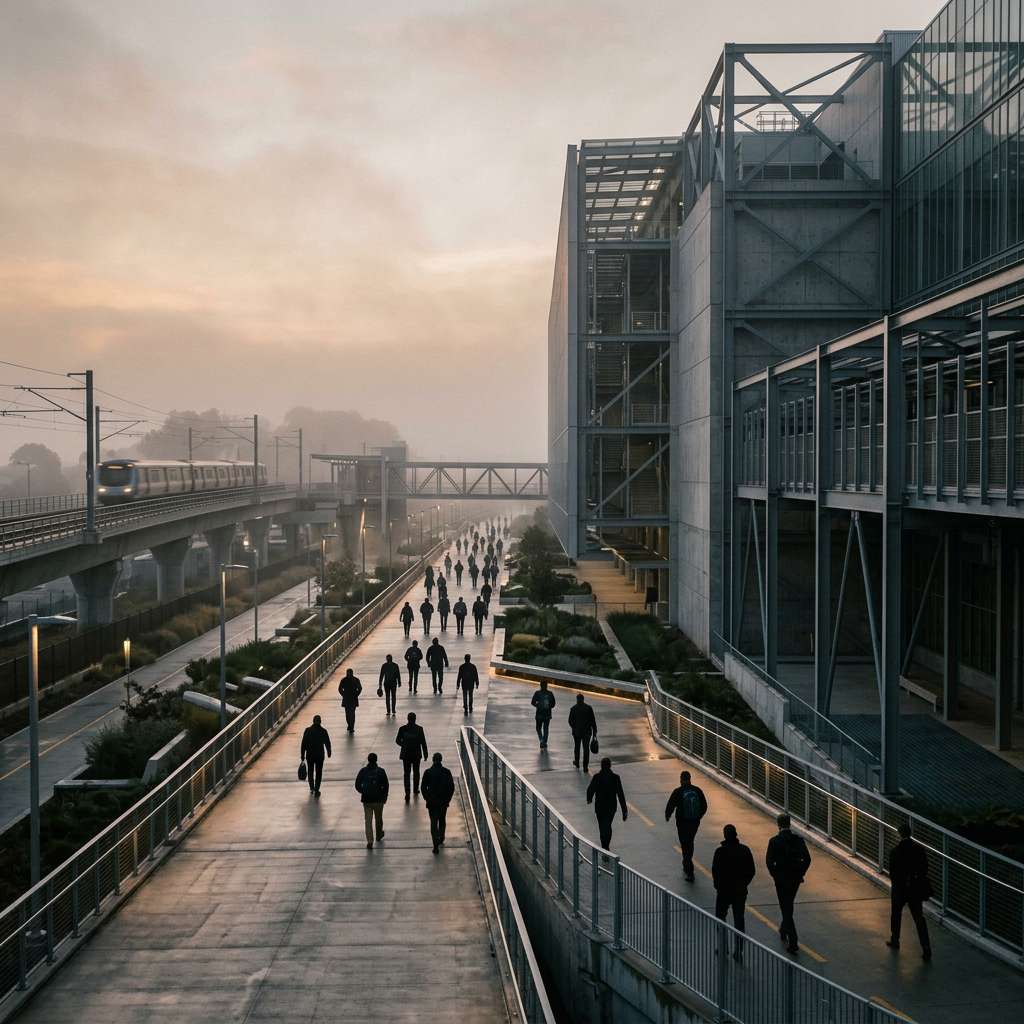 Employees commuting along a structured urban corridor