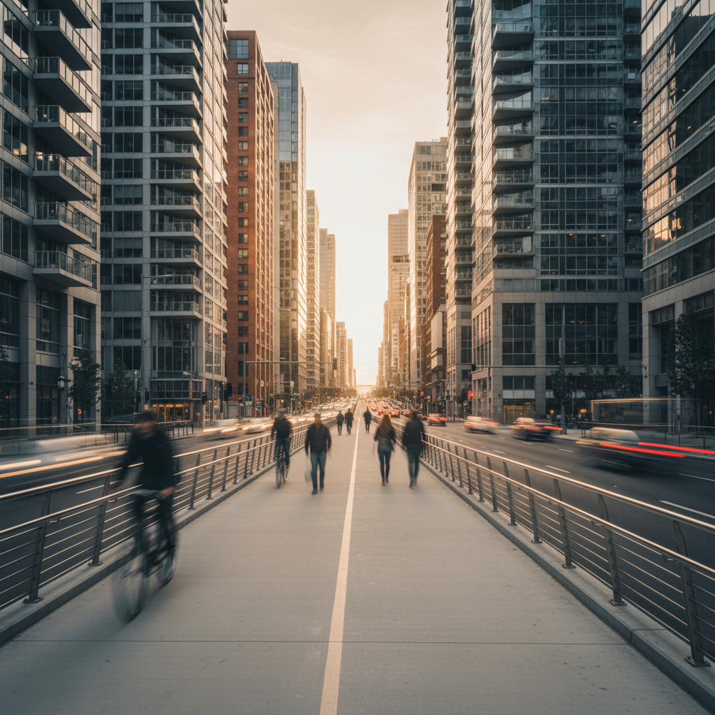 Urban mobility corridor with cyclists and pedestrians