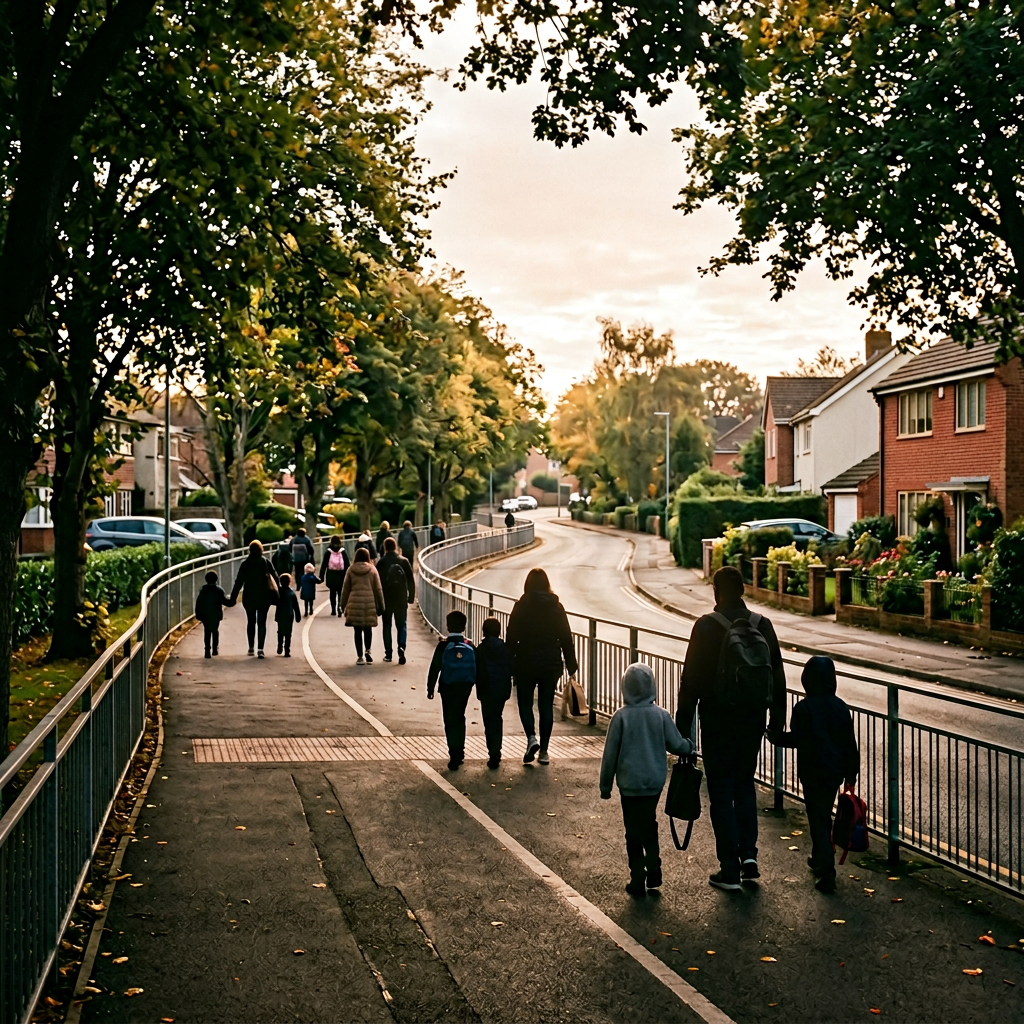 School commuting path with families walking