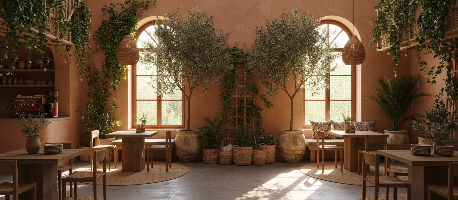 Luky Garden interior with terracotta walls and lush plants