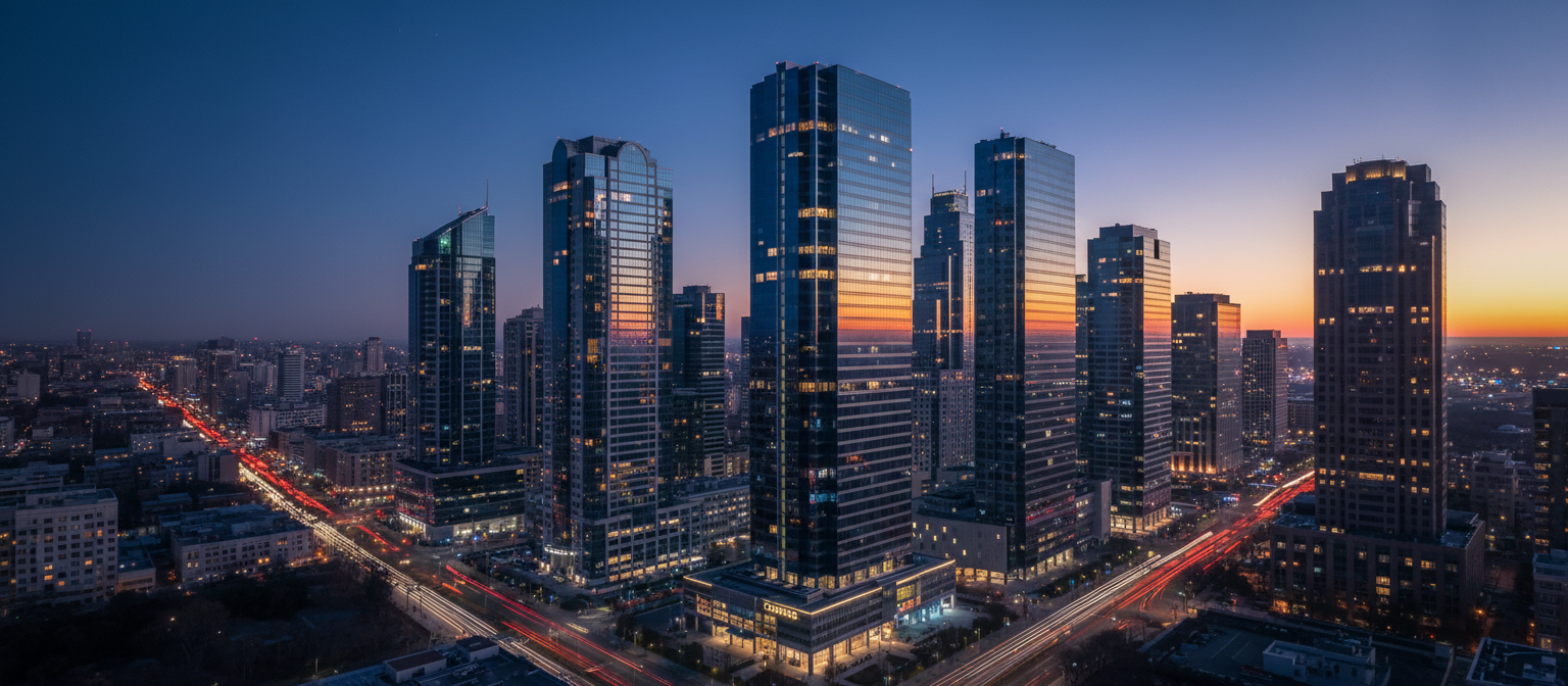 Modern city skyline at twilight representing global business consulting