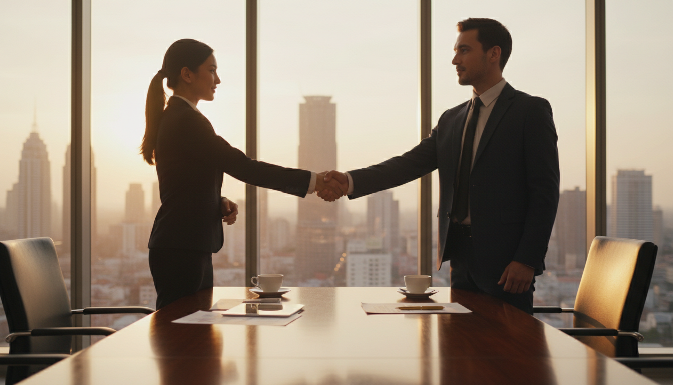 Business professionals completing a merger and acquisition deal