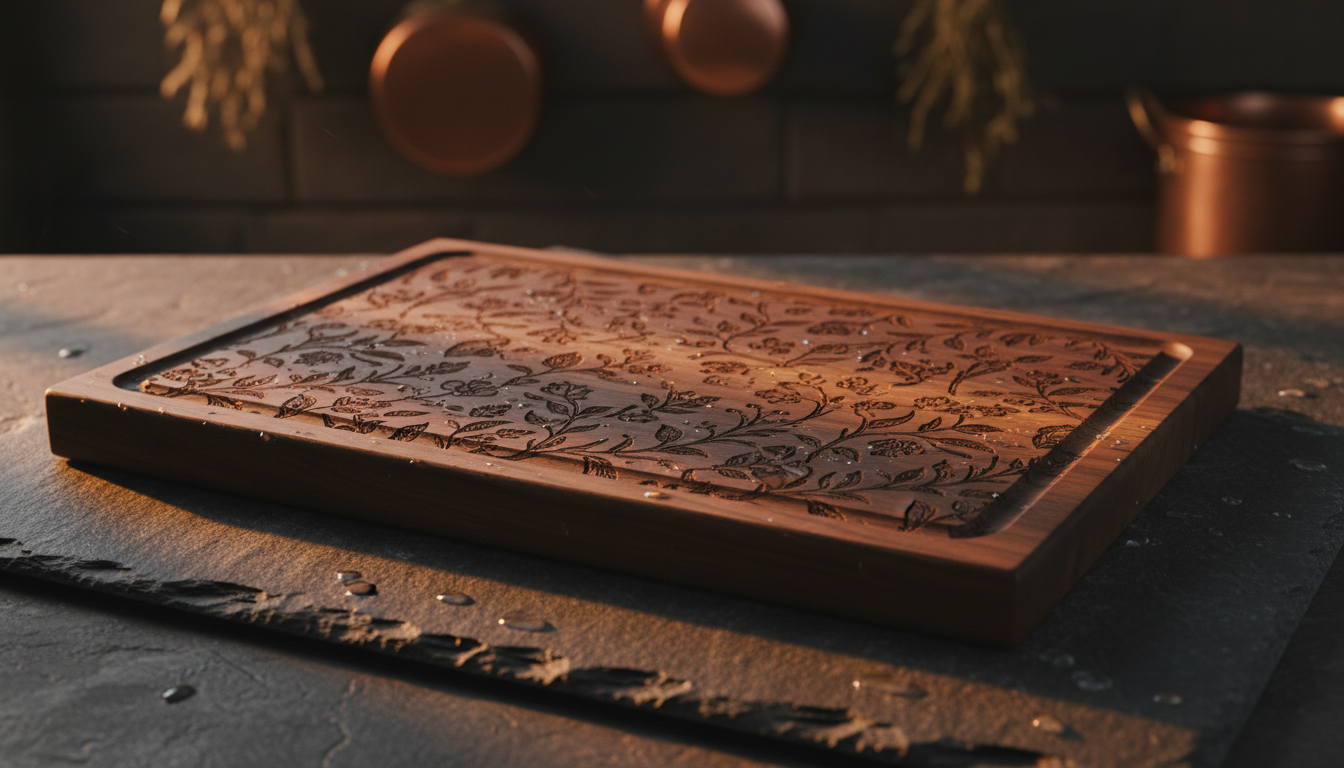 Custom laser engraved cutting board with botanical designs