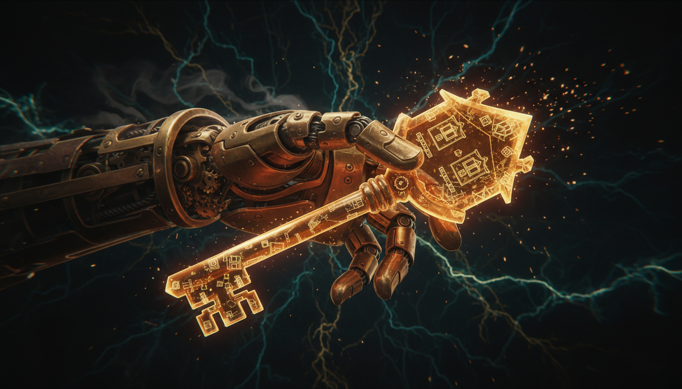 Steampunk mechanical hand holding a golden key
