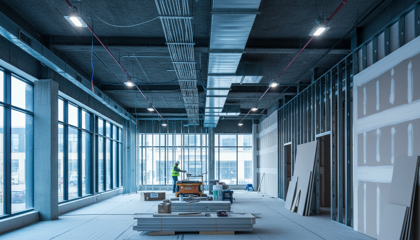 Commercial construction site with modern tenant buildout in progress